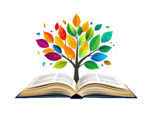 A vibrant tree with multicolored leaves grows from an open book on a black background