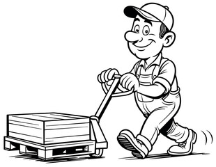 Warehouse worker with a pallet jack – black and white caricature illustration isolated on a white background, Vector Illustration