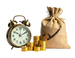 Gold coins, alarm clock, and money bag depict growth, finance, and time