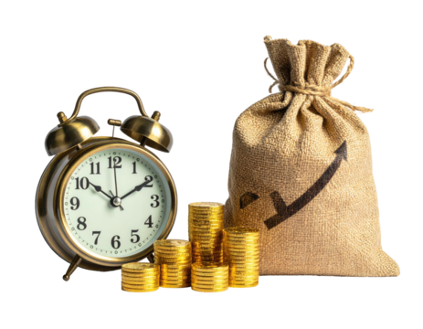 Gold coins, alarm clock, and money bag depict growth, finance, and time - Powered by Adobe