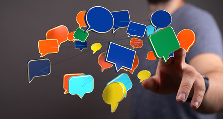 Person interacting with digital communication icons. Concept for social media or online marketing campaigns, and connecting with global audience