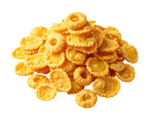 Pile of golden, crispy cereal pieces, some round, other flat, isolated on black
