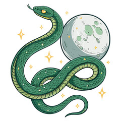 A green snake is coiled around a moon with stars shining.
