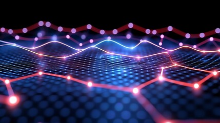 Abstract image of glowing data lines & connected dots over a blue, grid-like surface
