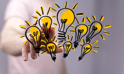 Illustration of hand reaching for light bulb ideas, symbolizing innovation, inspiration, and...