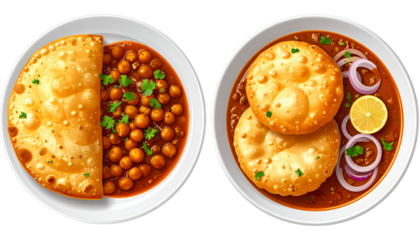 Dual Variation Chole Bhature North Indian Food Set, Isolated on Transparent Background.