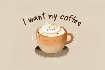 A stylized illustration of cozy warm cup of coffee, text "I want my cofee", in soft earth tones, evoking warmth and comfort