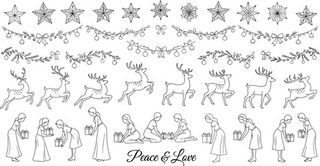Christmas sketch set with stars, garland, reindeer, and magi