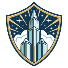A shield-shaped logo featuring a stylized cityscape at night.