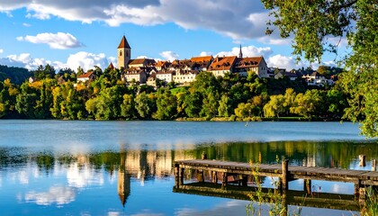 Fototapeta premium Picturesque lake town reflected in calm water