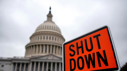 A sign reading "SHUT DOWN" is prominently displayed in front of a government building, indicating a closure or interruption of services.