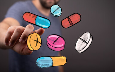 Image of hand interacting with digital pills.  Perfect for healthcare, medicine, pharmacy, and technology concepts.