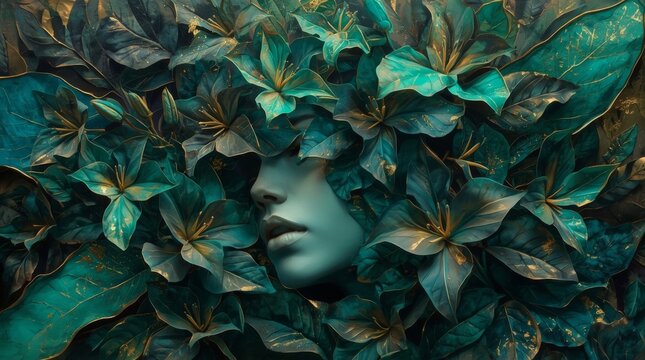 Painting girl with flowers composition