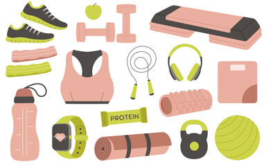 Fitness equipment set. Sport accessories, elements. Fitness set with sneakers, elastic band, top, protein bar, smartwatch, bolster, massage mat, jumping rope, step, scale, kettlebell and more.