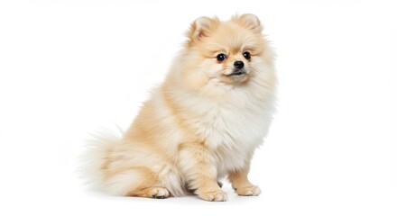 Obraz premium Adorable Pomeranian Dog Sitting on White Background.