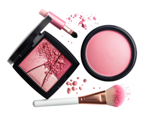 Makeup arrangement featuring compacts, blush, and brushes against a black background