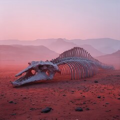 Fototapeta premium Surreal Desert Scene with Whale Skeleton Against Pink Sky Atmosphere
