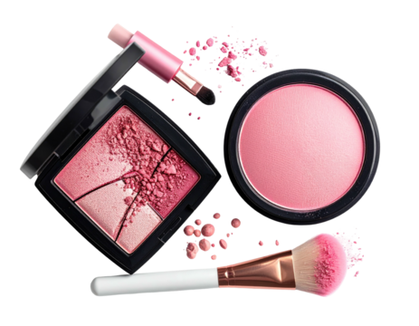Makeup arrangement featuring compacts, blush, and brushes against a black background