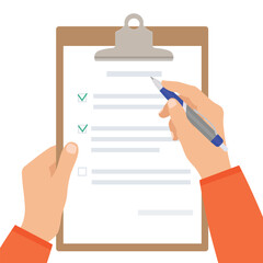 Hands holding clipboard with checklist, green check marks and pen
