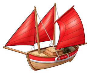 Small Sailing Vessel with Red Sails Navigating Calm Waters Illustration of a Classic Ship Model