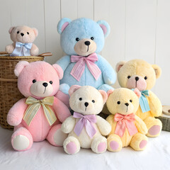 Adorable collection of six plush teddy bears with bows