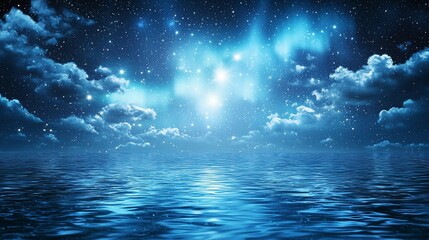 Night sky over serene water, stars shining, reflected in the calm surface