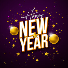 2026 Happy New Year Greeting Card Illustration with White 3D Typography Lettering and Christmas Ball on Dark Background. Holiday Design with Christmas Ornaments for Calendar, Flyer, Banner