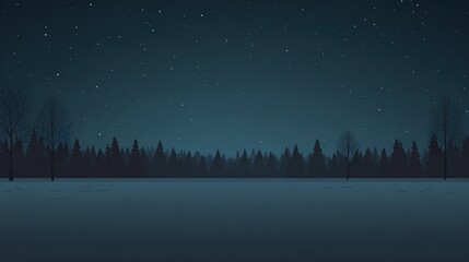 Winter night forest silhouette, with starry sky and snowy field, front view, copy space