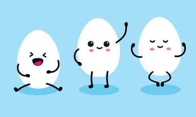 Egg character collection. Smiling and happy eggs. Cute boiled eggs with kawaii funny cartoon faces in different poses