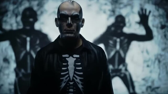 Man in Skeleton Costume with Dancing Skeleton Shadow Projections on a Wall