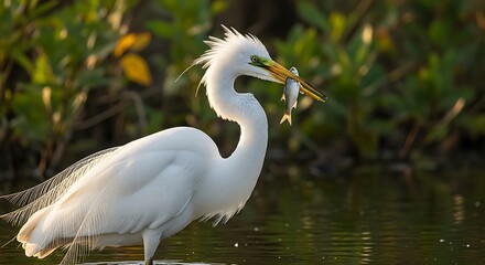 Naklejka premium Egrets and Fish in Wetland.