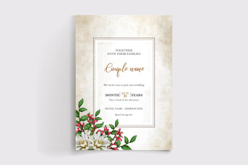 WEDDING INVITATION FRAME WITH FLOWER DECORATIONS AND FRESH LEAVES