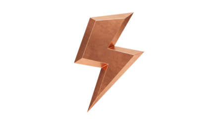 Copper lightning bolt isolated PNG, 3D render of energy symbol on transparent background for design elements and power concepts