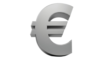 Silver euro symbol isolated PNG, currency sign for finance, banking, and European economy on transparent background