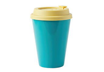 Teal reusable coffee cup with yellow lid isolated, eco-friendly travel mug for hot drinks on a clean background
