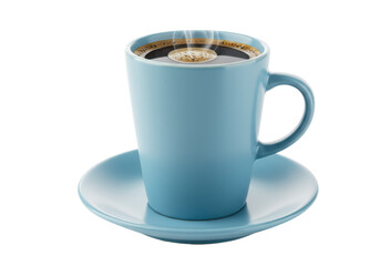 Light blue coffee mug with dark coffee isolated on white, hot beverage for breakfast or break time in PNG format