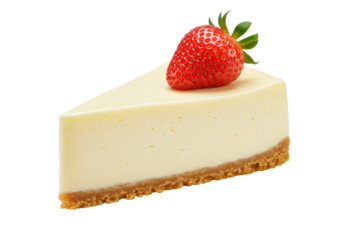 Delicious cheesecake slice with strawberry isolated on transparent background, sweet dessert for patisserie and cafe menu