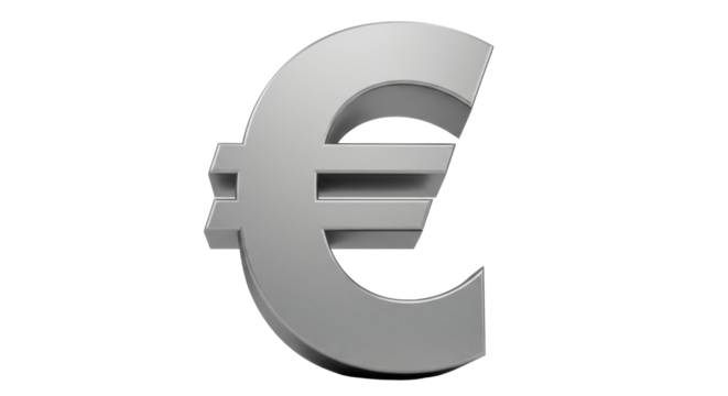 Silver euro symbol isolated PNG, currency sign for finance, banking, and European economy on transparent background