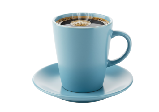 Light blue coffee mug with dark coffee isolated on white, hot beverage for breakfast or break time in PNG format