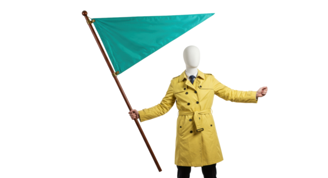 Mannequin in yellow trench coat holding green triangular flag isolated on transparent background, conceptual image for signaling and communication