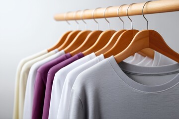 Obraz premium Colorful t-shirts arranged on wooden hangers in a closet display