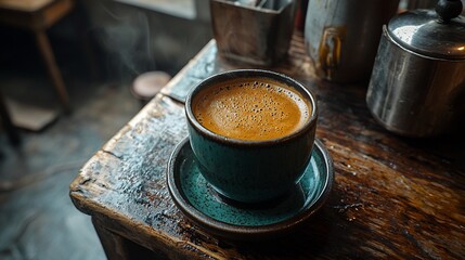Steaming cup of coffee on a rustic wooden table, close-up