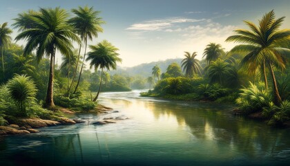 Fototapeta premium Tropical Jungle River Landscape Illustration With Palm Trees