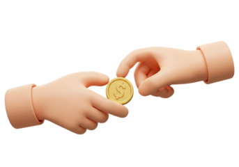 Two cartoon hands exchanging a gold dollar coin isolated PNG, money transfer and financial transaction concept for business and e-commerce
