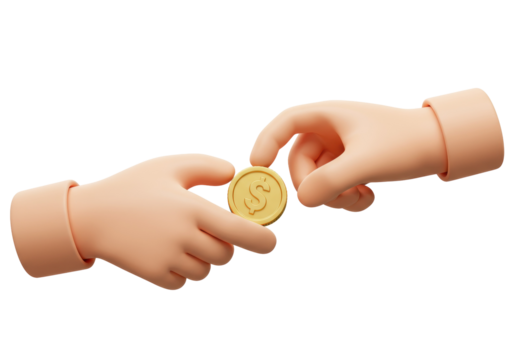 Two cartoon hands exchanging a gold dollar coin isolated PNG, money transfer and financial transaction concept for business and e-commerce