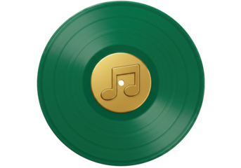 Green vinyl record with golden music note isolated, retro audio disc for DJ, music production and entertainment on transparent background PNG