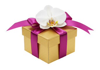 Obraz premium Elegant gold gift box with purple ribbon and white orchid isolated, present for special occasions and celebrations