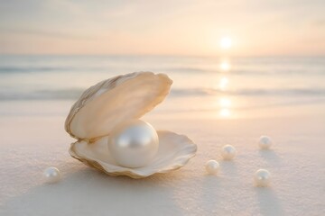 Elegant pearl resting in an oyster shell on a pristine beach at sunrise evokes luxury, beauty, and serenity for jewelry, wedding, or upscale lifestyle ads