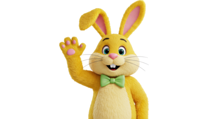 Adorable yellow Easter bunny waving isolated PNG, cartoon rabbit with green bow tie on transparent background for holiday design