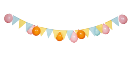 Festive party banner with colorful balloons and pennants isolated, decoration for birthday celebration in PNG format